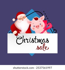 Navidades Diseño de cartel de venta con lechón y Santa Claus. Letras creativas con personajes de dibujos animados de Santa Claus y cerdo. Puede ser utilizado para las ventas, publicidad, compras