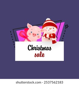 Christmas sale poster design with piglet and snowman. Creative calligraphy with cartoon characters of snowman and little pig on abstract background. Can be used for sales, advertising, shopping