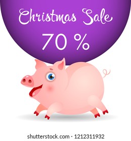 Christmas sale poster design with seventy percent label. Calligraphic lettering on purple background with funny piggy. Can be used for advertising, discount coupons, sales, shopping