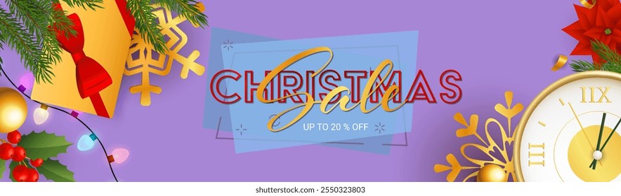 Christmas Sale poster design with sparkling colorful light bulbs, presents and clock coming to midnight on purple background. Up to percent lettering can be used for posters, leaflets, announcements