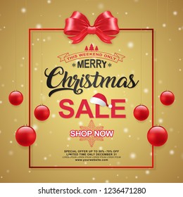 Christmas sale poster design template typography, christmas tree, santa’s hat, frame, hanging stars, snow and ribbons decoration for flyers, banner, web and card vector illustration
