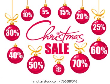 Christmas sale poster. Discount tags 10,15,20,25,30,40,50,60,70 percent off in the shape of Christmas balls. Handwritten lattering. Vector typography isolated on white background. 
