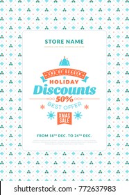 Christmas sale poster or flyer design. Discount offer. Vintage badge with winter background