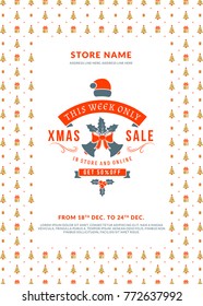 Christmas sale poster or flyer design. Discount offer. Vintage badge with winter background