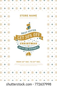 Christmas sale poster or flyer design. Discount offer. Vintage badge with winter background