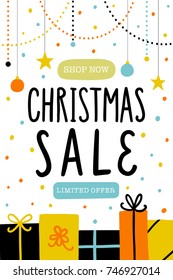 Christmas sale poster or flyer template. Vector hand drawn illustration