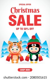 Christmas Sale poster with funny kids in Christmas costumes Tiger and Penguin. Christmas sale banner design with 50 Discount. Vector illustration