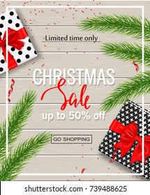 Christmas sale poster with gift boxes, serpentine and tree branches on wooden backgrounds. Vector illustration for website and banners, posters, ads, coupons, promotional material