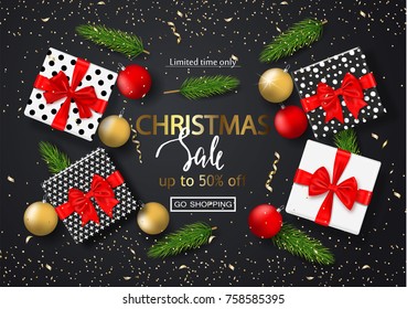 Christmas sale poster with gift boxes, serpentine, balls and tree branches. Vector illustration for website and banners, posters, ads, coupons, promotional material