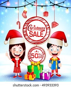 Christmas Sale Poster with Gifts and Happy Kids vector characters Wearing Santa Hat Vector Illustration
