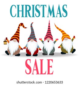 Christmas sale poster with gnomes. Flat design. Vector