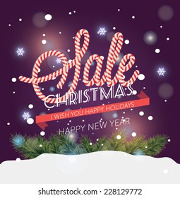 Christmas sale poster with green spruce branch. Vector illustration