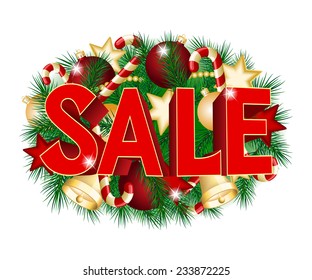 Christmas sale poster with green spruce branch.  vector illustration