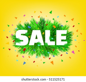 Christmas sale poster with green spruce branch. New Year design vector illustration