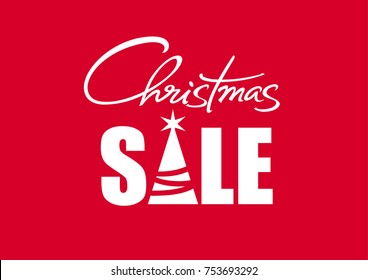 Christmas sale poster with handwritten lettering. White text with fir tree silhoiette isolated on red background. Holidays typography. Vector illustration.