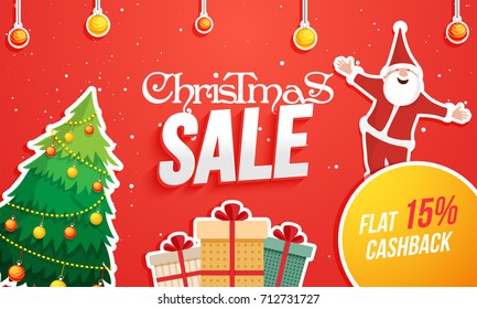 Christmas Sale Poster with Happy Santa Claus,Xmas Tree, Gift Boxes with Cashback options.