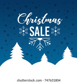 christmas sale poster lettering snow tree mountain blue background