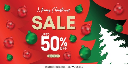 Christmas sale poster with paper-cut tree and realistic ornaments on red background