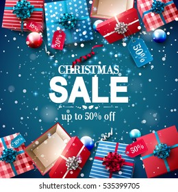 Christmas sale poster with red and blue gift boxes with price tags