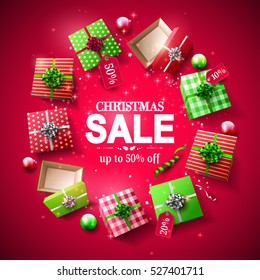 Christmas sale poster with red and green gift boxes with price tags