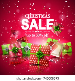 Christmas sale poster with red and green gift boxes with price tags