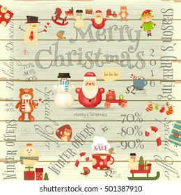 Christmas Sale Poster in Retro Style on White Wooden Background. Winter Sell-out Card. Vector Illustration.