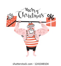 Christmas sale poster with Santa Claus and gift boxes. Funny Santa greeting card with lettering - Merry Christmas.