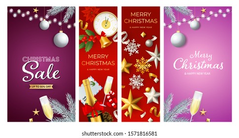 Christmas Sale poster set with champagne flutes, midnight clock, baubles, confetti, mistletoe, candy cane. Vector illustration for advertising flyers, banner design