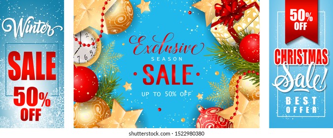 Christmas Sale poster set with gold baubles, present, fir tree, frame on blue backgrounds. Vector illustration for advertising design, party flyers and banners
