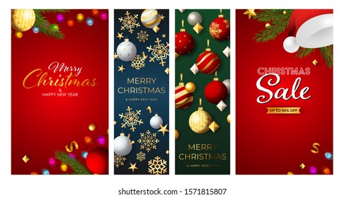 Christmas Sale poster set with Santa hat, fir tree branch, hanging baubles, snowflakes, strings of lights. Vector illustration for advertising flyers, banner design