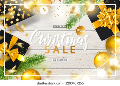 Christmas Sale poster with shiny gold Christmas balls, gift boxes, spruce branches,garland and serpentine. Vector illustration. Design for invitation, banners, ads, coupons, promotional material.