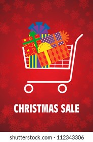Christmas sale poster with a shopping cart full of presents. EPS10 vector