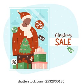 Christmas sale poster. Showcase store New Year Mannequin in Santa hat, Xmas ugly sweater with tree, tags and gift boxes. Holiday, shopping. Vector illustration in flat style