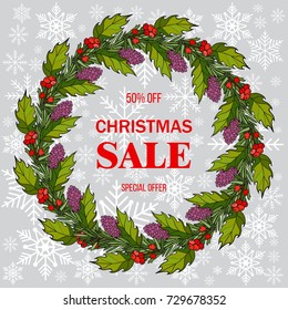 Christmas sale poster, special offer, discount. Vector illustration