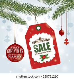 Christmas sale poster with sale tag & Christmas ornaments