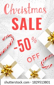 Christmas sale poster template with christmas decorations - christmas candy canes, gift boxes with golden bows and white decorate fir branches. Top view composition. Realistic 3d vector illustration