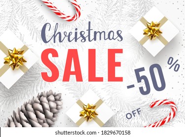 Christmas sale poster template with christmas decorations - christmas candy canes, gift boxes with golden bows, spruce cone and white decorate fir branches. Top view composition. Realistic 3d vector
