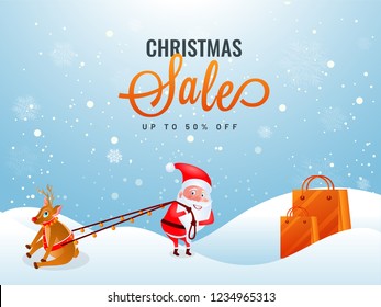 Christmas sale poster or template design, up tp 50% discount offer, illustration of cute santa clause with reindeer and shopping bags on snowfall winter background.