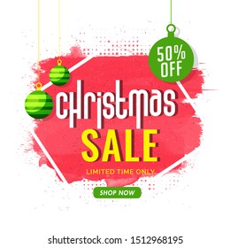 Christmas Sale poster or template design with 50% discount offer and hanging baubles on brush stroke halftone effect background.