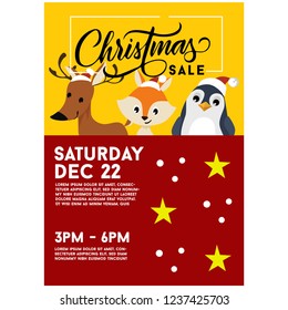 Christmas sale poster template lettering with cute animals