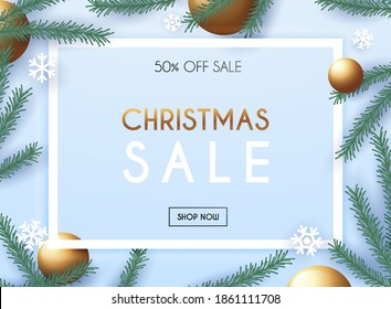 Christmas sale poster template with Christmas ornaments,  snowflakes and fir branches.