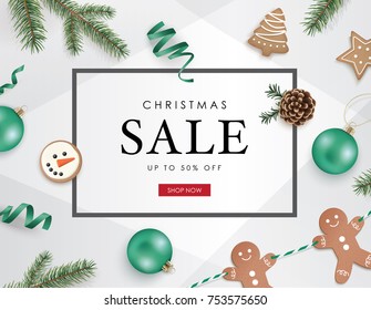 Christmas sale poster template with Christmas ornaments, ribbons, cookies, pine cones and fir branches