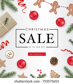 Christmas sale poster template with Christmas ornaments, ribbons, cookies, pine cones and fir branches