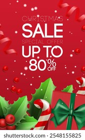 Christmas Sale poster, web banner, holiday cover. Modern bright Xmas design template for ads, sales, print and season greetings, vector illustration