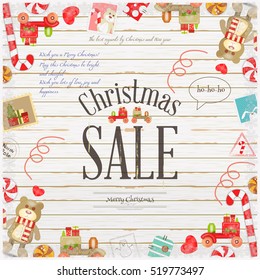 Christmas Sale Poster. White Wooden Background with Holiday Frame. Retro Design. Vector Illustration.