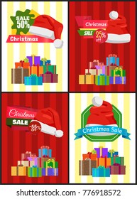 Christmas sale poster with wrapped presents, half price promo label decorated by Santas hats vector illustration discount shopping stickers with gifts