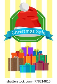 Christmas sale poster with wrapped presents in color boxes, discount sticker topped by Santas hat, promo label design in flat style isolated on stripes