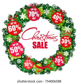 Christmas sale poster. Wreath with discount tags 10,20,30,40,50,60,70 percent off. Handwritten lattering. Vector typography isolated on white background. 