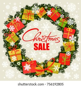 Christmas sale poster. Wreath with gift boxes and snowflakes. Handwritten lettering. Round frame from fir branches and colorful  presents. Vector typography isolated on white background. 