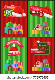 Christmas sale posters Santa Claus hat on 50 discount label, dollar sign, piles of gift boxes on striped background vector banners set with presents